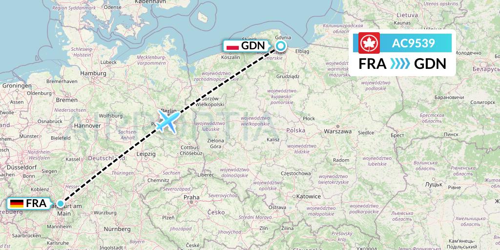AC9539 Air Canada Flight Map: Frankfurt to Gdansk