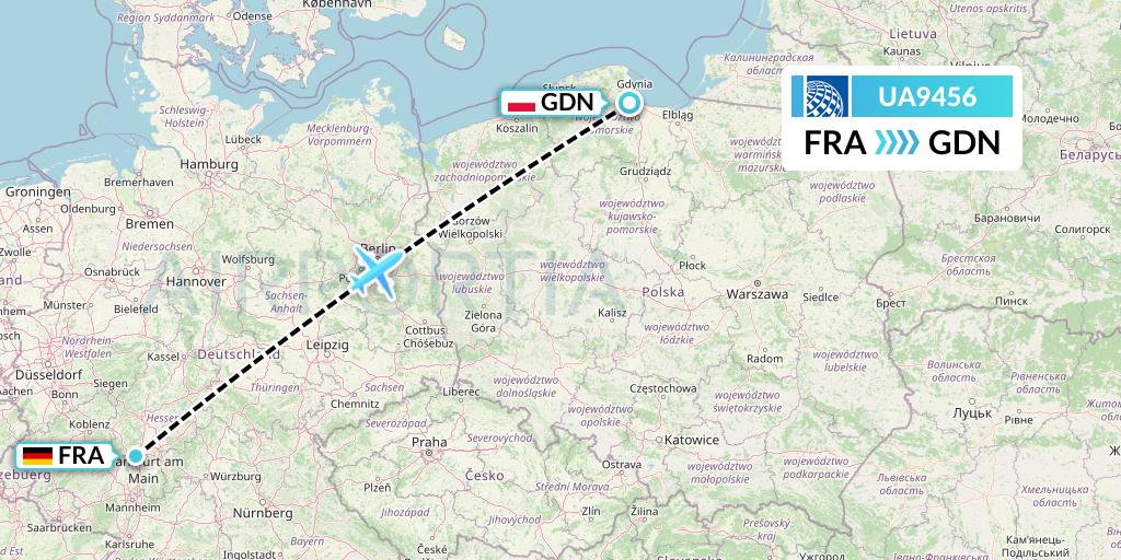 UA9456 United Airlines Flight Map: Frankfurt to Gdansk