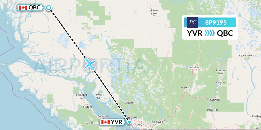 8P9195 Pacific Coastal Airlines Flight Map: Vancouver to Bella Coola