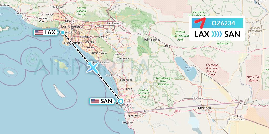 OZ6234 Asiana Airlines Flight Map: Los Angeles to San Diego