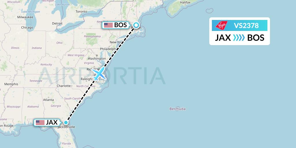 VS2378 Virgin Atlantic Airways Flight Map: Jacksonville to Boston