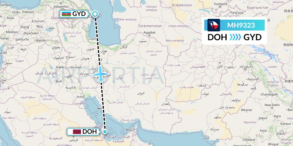 MH9323 Malaysia Airlines Flight Map: Doha to Baku