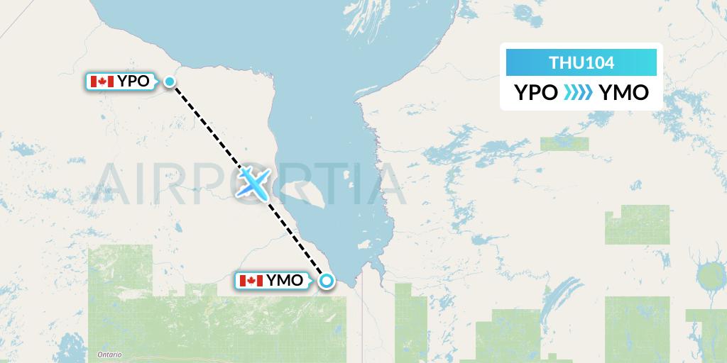 THU104 Thunder Airlines Flight Map: Peawanuck to Moosonee