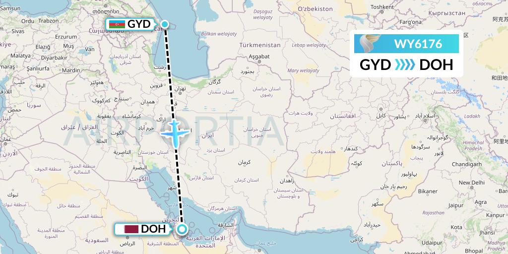 WY6176 Oman Air Flight Map: Baku to Doha