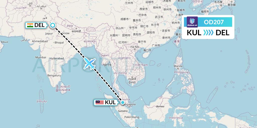 OD207 Batik Air Malaysia Flight Map: Kuala Lumpur to Delhi