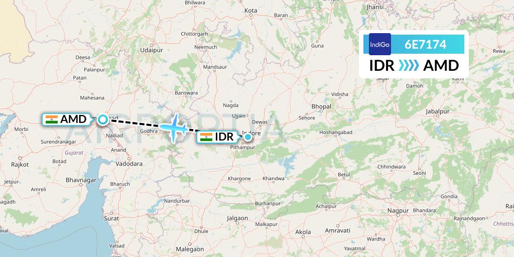 6E7174 IndiGo Airlines Flight Map: Indore to Ahmedabad