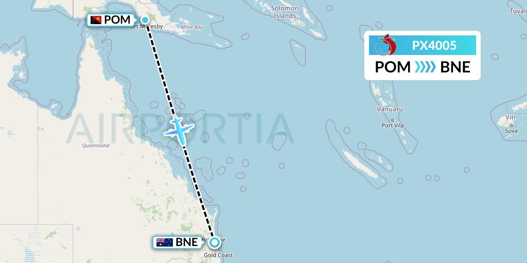 PX4005 Air Niugini Flight Map: Port Moresby to Brisbane