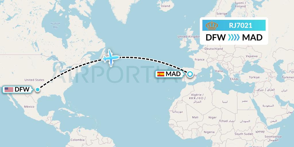 RJ7021 Royal Jordanian Flight Map: Dallas to Madrid