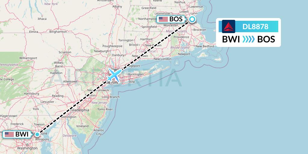 DL8878 Delta Air Lines Flight Map: Baltimore to Boston