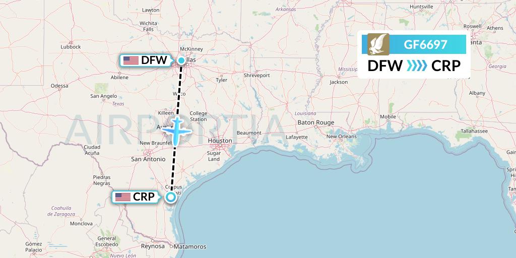 GF6697 Gulf Air Flight Map: Dallas to Corpus Christi