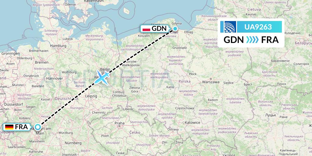 UA9263 United Airlines Flight Map: Gdansk to Frankfurt