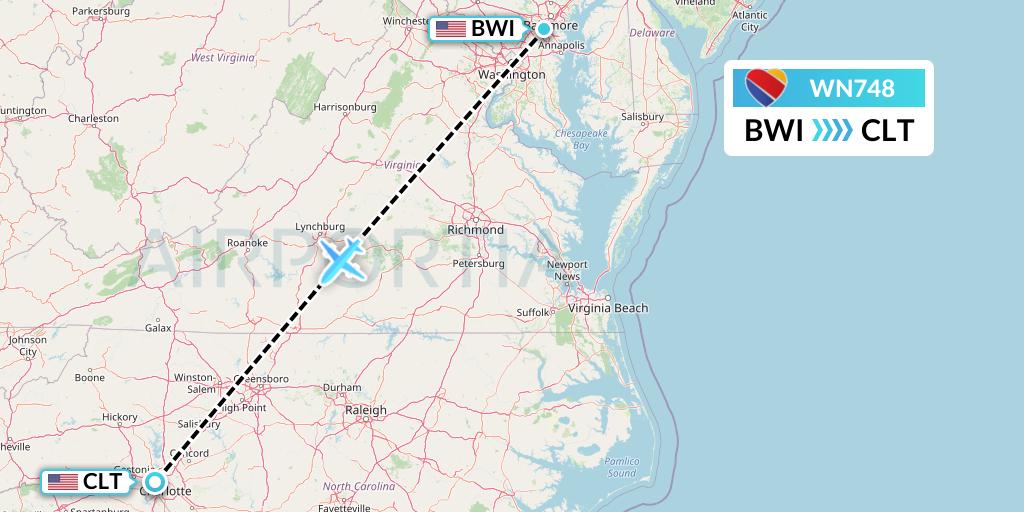 WN748 Southwest Airlines Flight Map: Baltimore to Charlotte