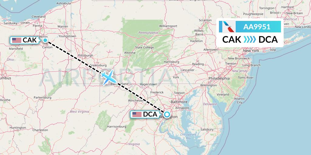 AA9951 American Airlines Flight Map: Akron to Washington