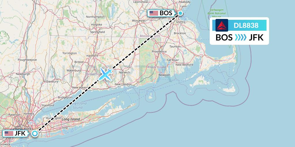 DL8838 Delta Air Lines Flight Map: Boston to New York