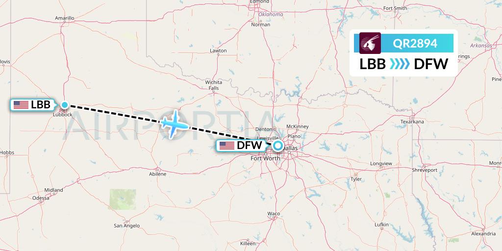 QR2894 Qatar Airways Flight Map: Lubbock to Dallas