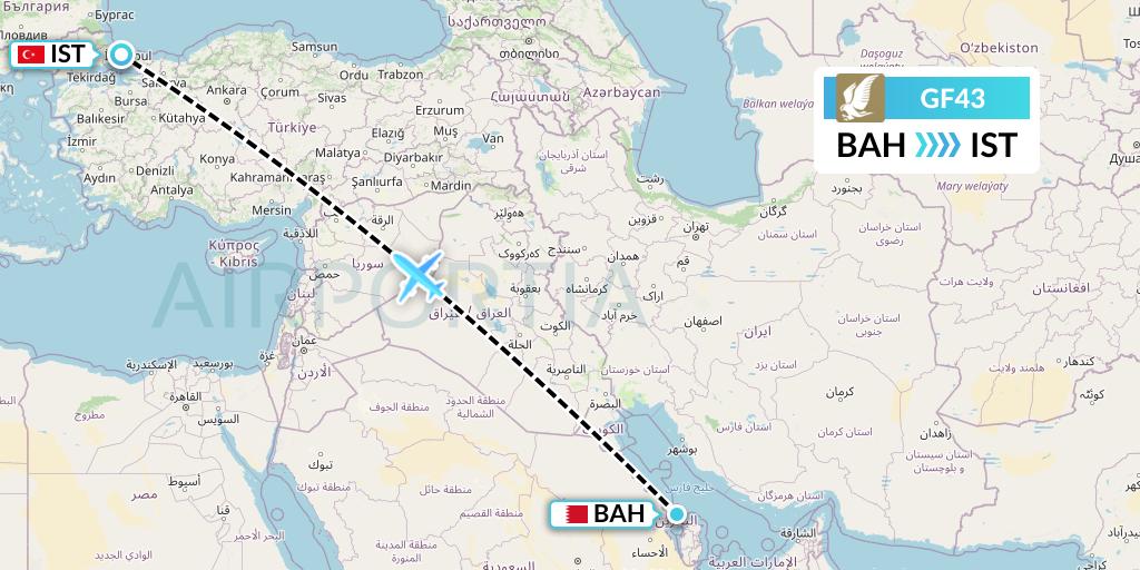 GF43 Gulf Air Flight Map: Bahrain to Istanbul