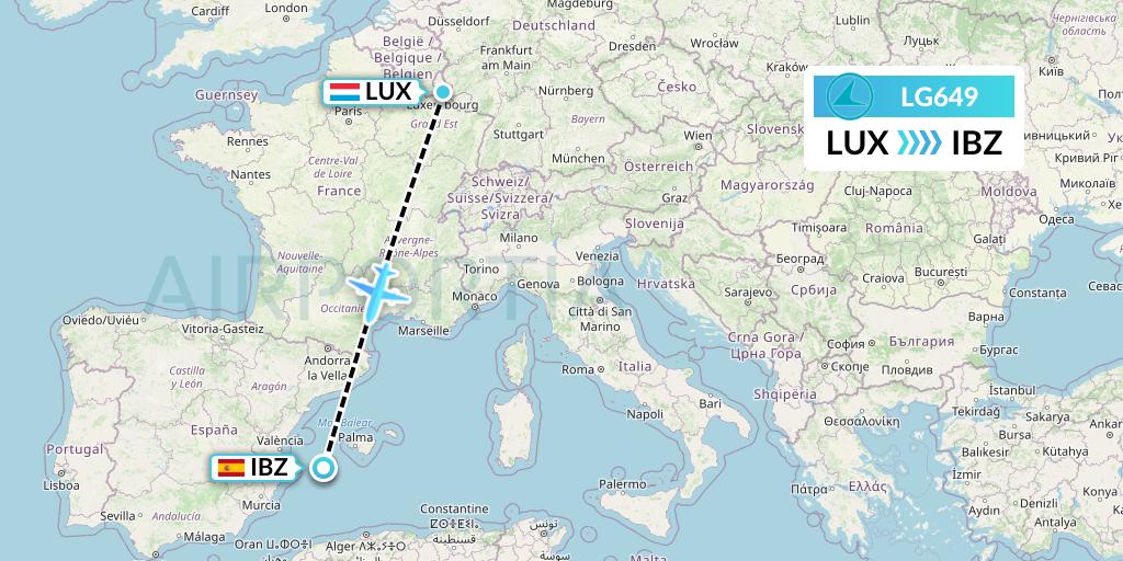 LG649 Luxair Flight Map: Luxembourg to Ibiza