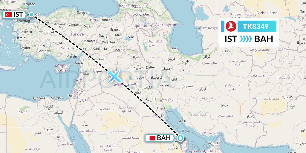 TK8349 Turkish Airlines Flight Map: Istanbul to Bahrain