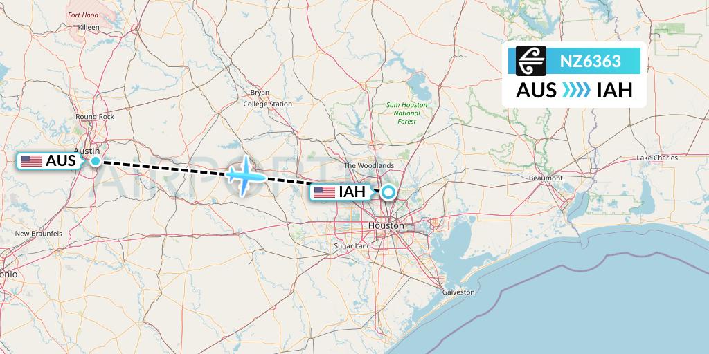 NZ6363 Air New Zealand Flight Map: Austin to Houston
