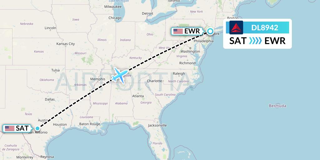 DL8942 Delta Air Lines Flight Map: San Antonio to New York