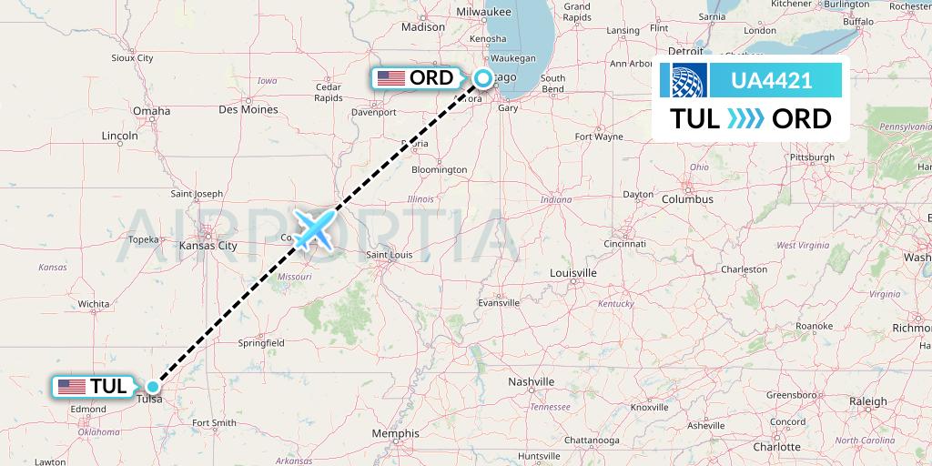 UA4421 United Airlines Flight Map: Tulsa to Chicago