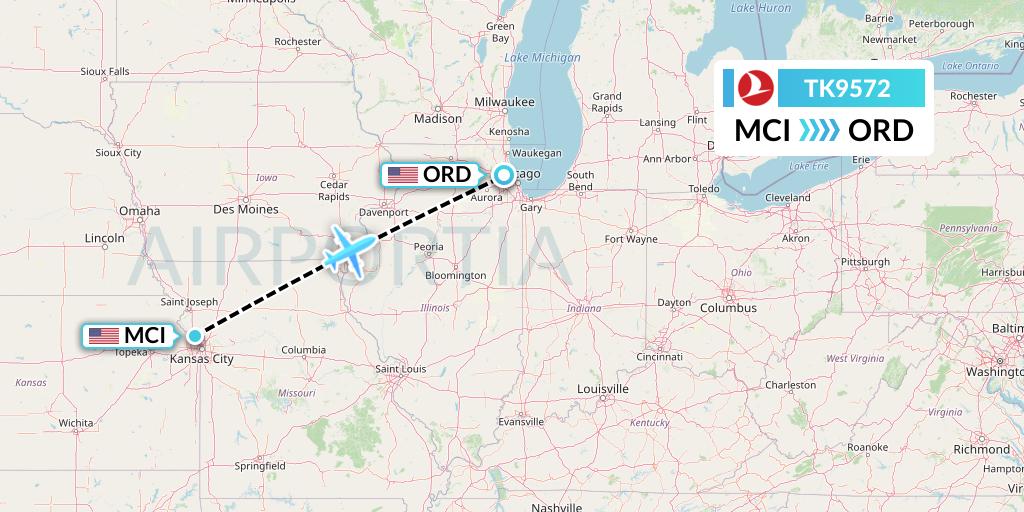 TK9572 Turkish Airlines Flight Map: Kansas City to Chicago