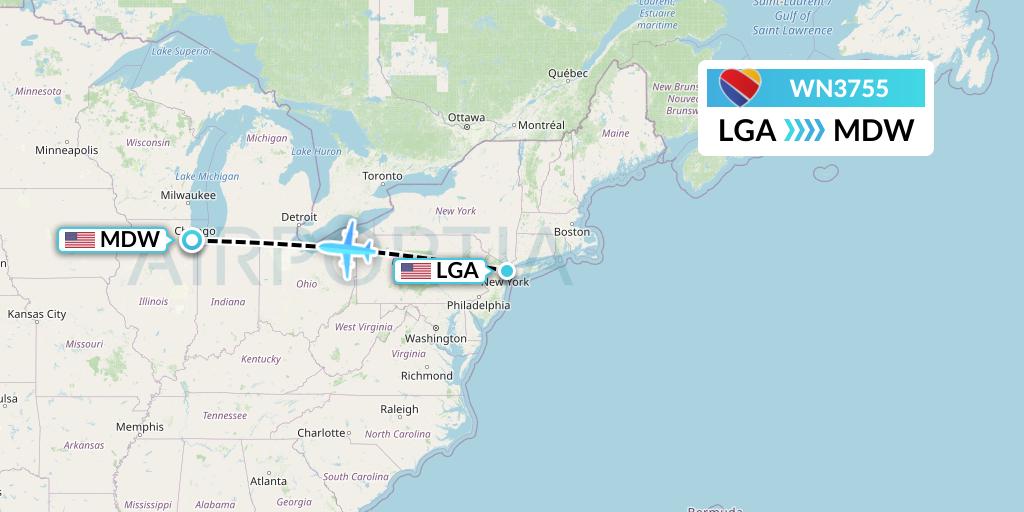 WN3755 Southwest Airlines Flight Map: New York to Chicago