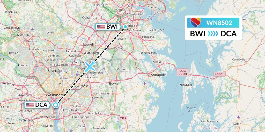 WN8502 Southwest Airlines Flight Map: Baltimore to Washington