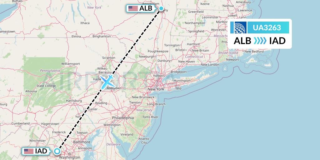 UA3263 United Airlines Flight Map: Albany to Washington