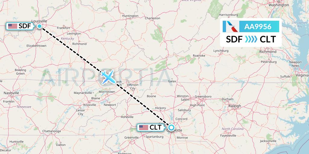 AA9956 American Airlines Flight Map: Louisville to Charlotte