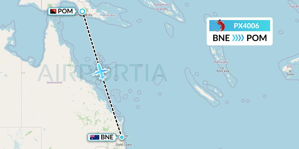 PX4006 Air Niugini Flight Map: Brisbane to Port Moresby