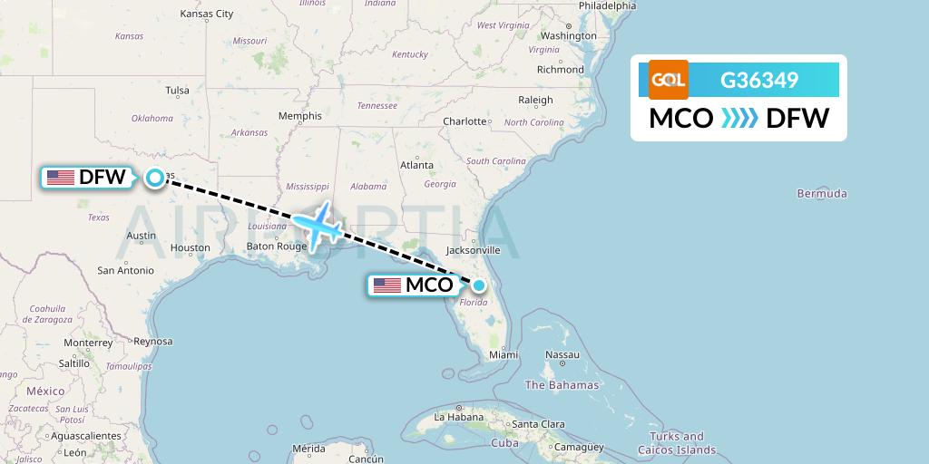 G36349 GOL Transportes Aeros Flight Map: Orlando to Dallas