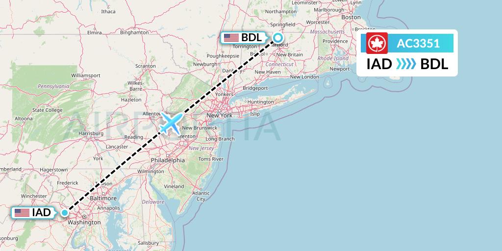 AC3351 Air Canada Flight Map: Washington to Windsor Locks