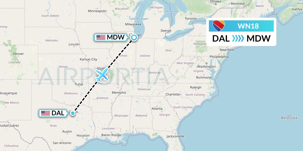 WN18 Southwest Airlines Flight Map: Dallas to Chicago