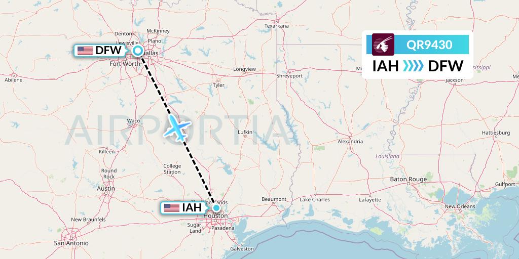 QR9430 Qatar Airways Flight Map: Houston to Dallas