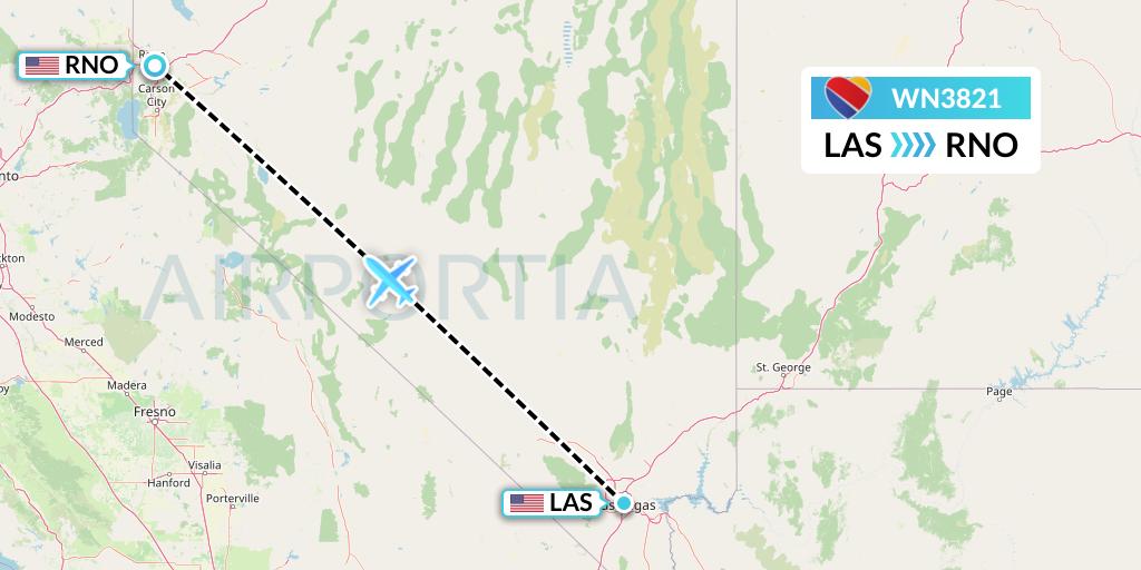 WN3821 Southwest Airlines Flight Map: Las Vegas to Reno