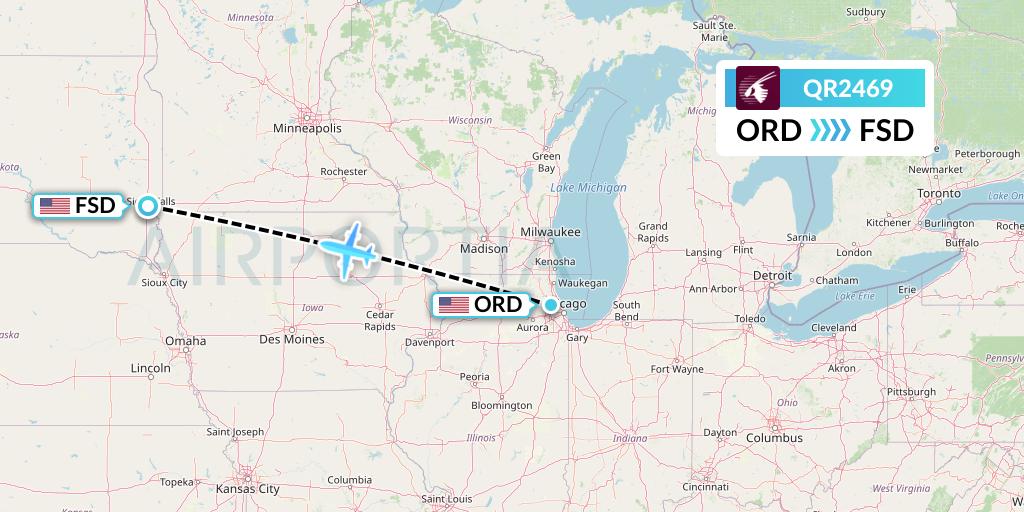 QR2469 Qatar Airways Flight Map: Chicago to Sioux Falls