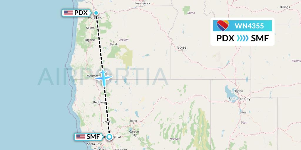 WN4355 Southwest Airlines Flight Map: Portland to Sacramento