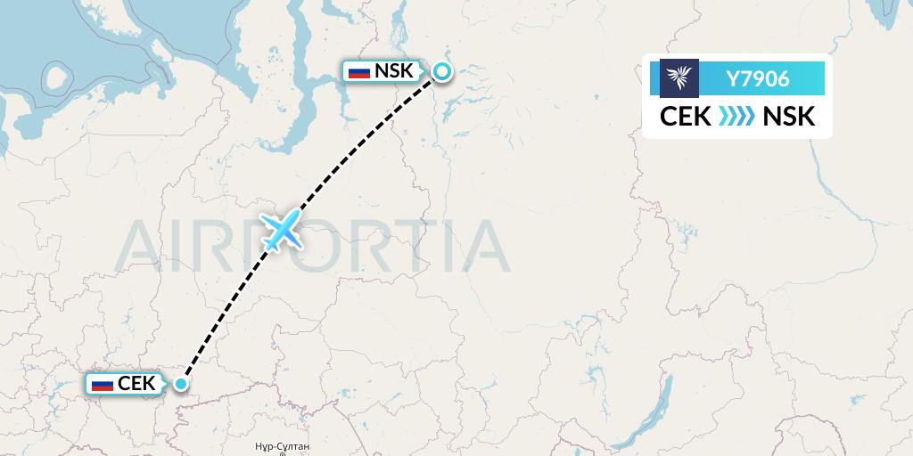 Y7906 NordStar Flight Map: Chelyabinsk to Norilsk