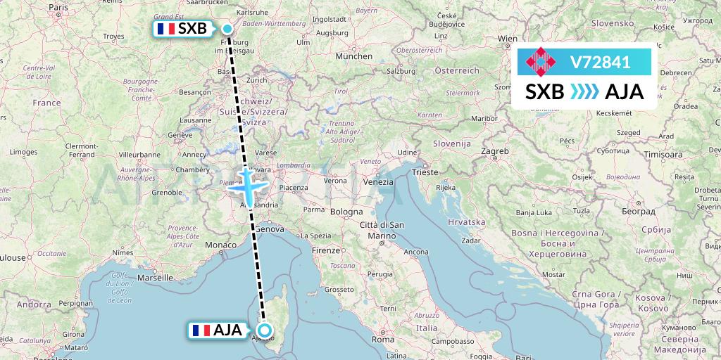 V72841 Volotea Flight Map: Strasbourg to Ajaccio
