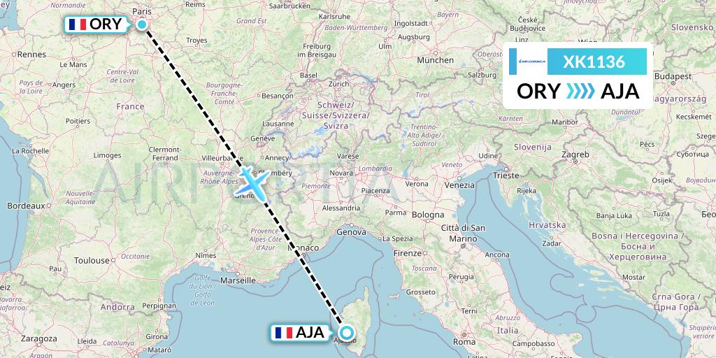 XK1136 Air Corsica Flight Map: Paris to Ajaccio