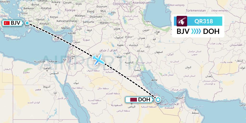 QR318 Qatar Airways Flight Map: Bodrum to Doha