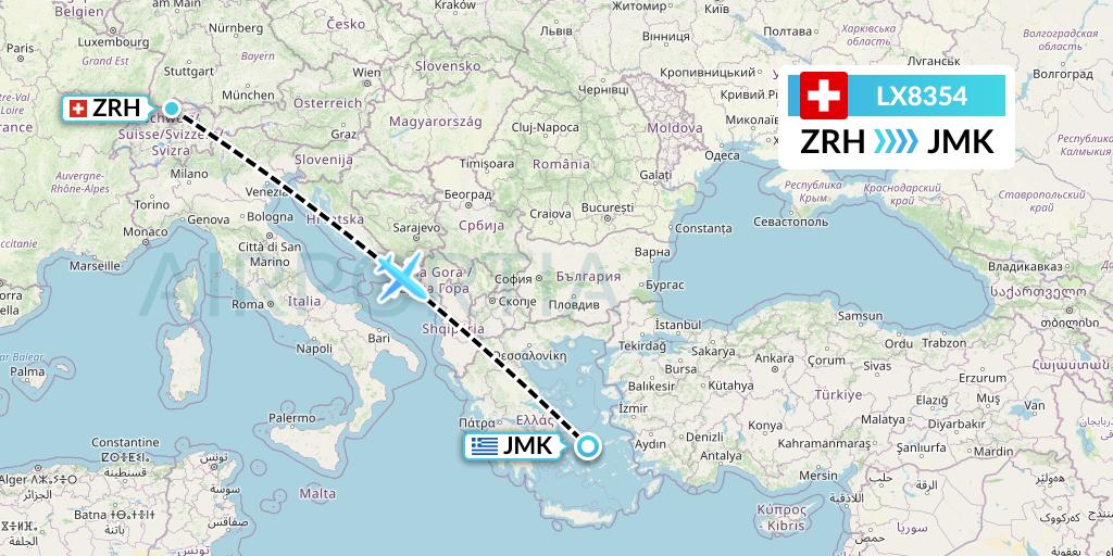 LX8354 Swiss Flight Map: Zurich to Mykonos