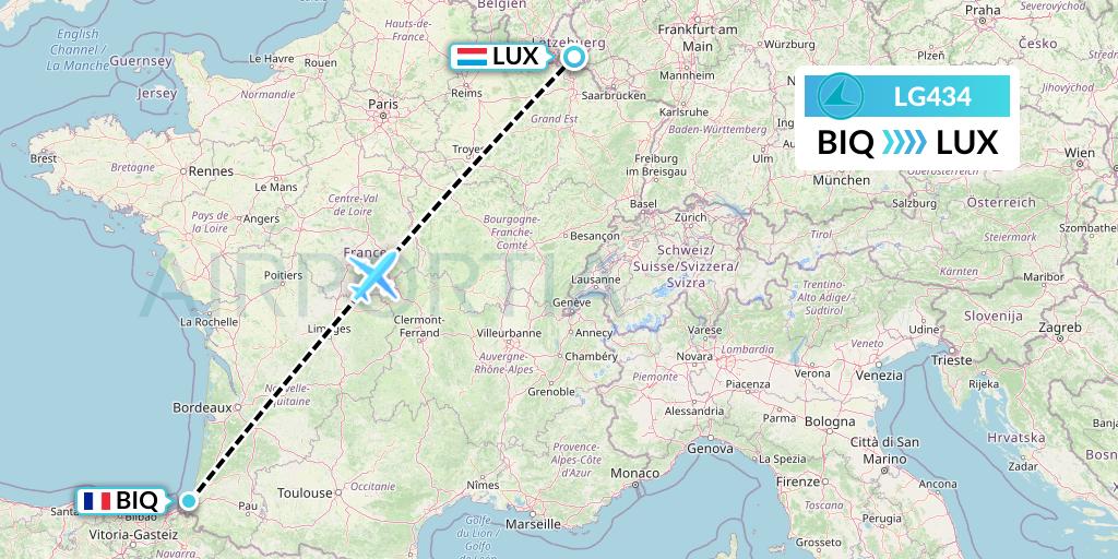 LG434 Luxair Flight Map: Biarritz to Luxembourg