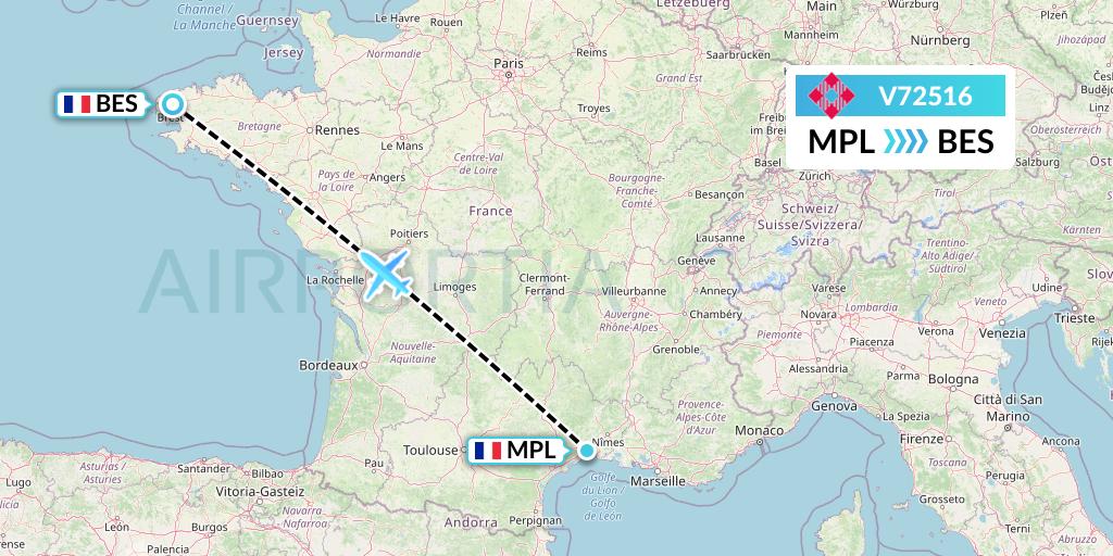 V72516 Volotea Flight Map: Montpellier to Brest