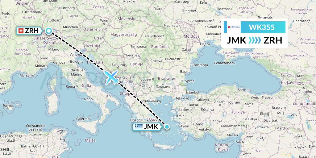 WK355 Edelweiss Air Flight Map: Mykonos to Zurich