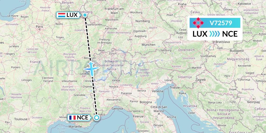 V72579 Volotea Flight Map: Luxembourg to Nice