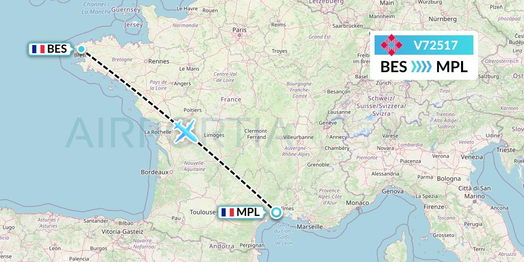 V72517 Volotea Flight Map: Brest to Montpellier