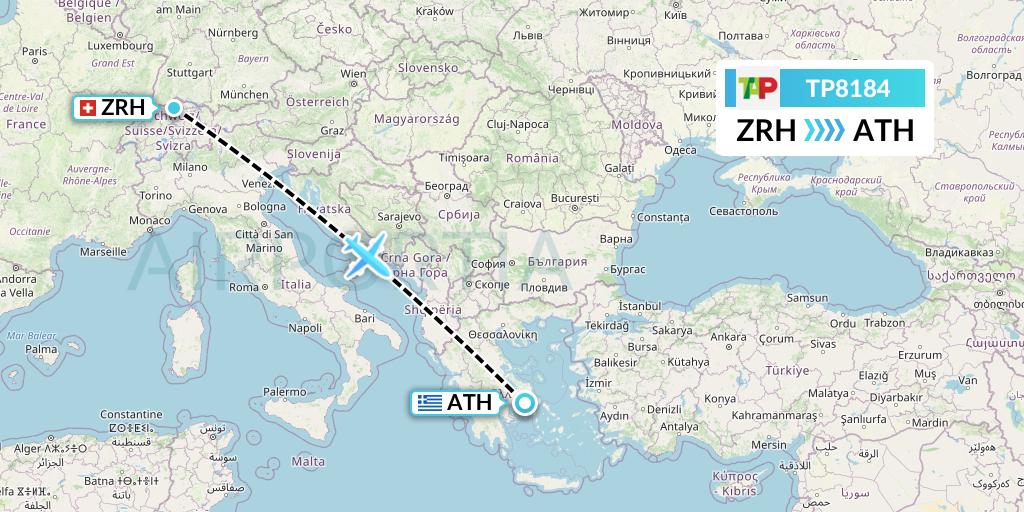 TP8184 TAP Portugal Flight Map: Zurich to Athens