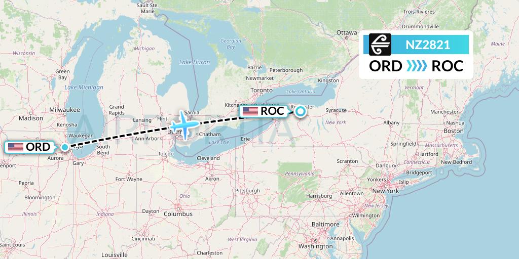 NZ2821 Air New Zealand Flight Map: Chicago to Rochester